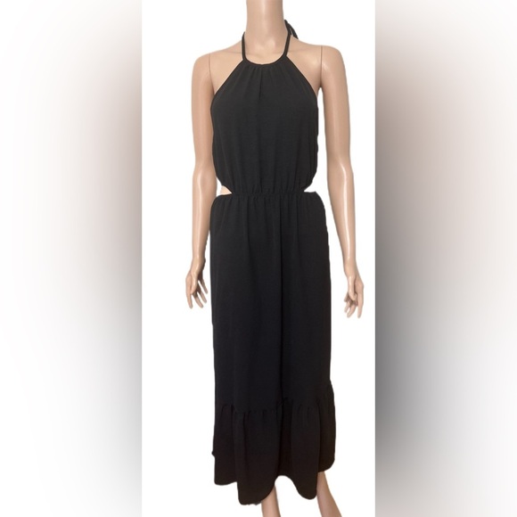 Rachel Zoe Dress M Black Cutout Halter Midi Dress Tiered Hem 11/3 - Picture 3 of 6